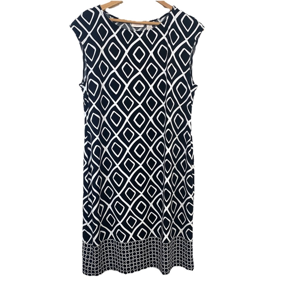 Chicos 1 Shift Stretch Knit Dress Medium Black Abstract‎ Print Sleeveless Casual